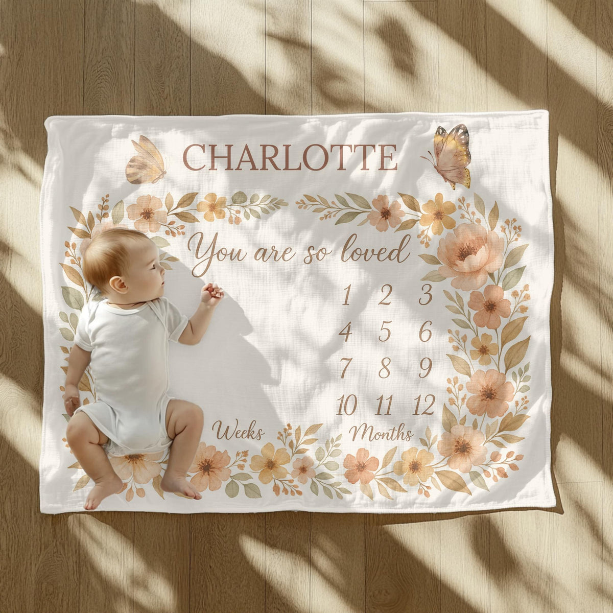 Personalized Baby Milestone Blanket: Floral Butterfly Wreath Photo Prop