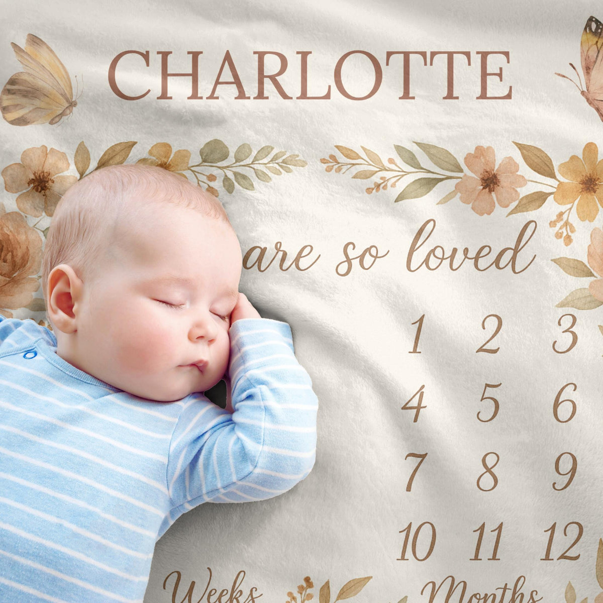 Personalized Baby Milestone Blanket: Floral Butterfly Wreath Photo Prop