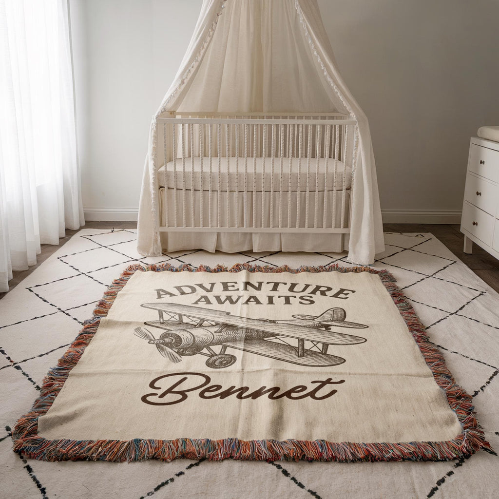 Personalized Adventure Awaits Airplane Baby Blanket – Custom Vintage Plane Nursery Throw for Boys