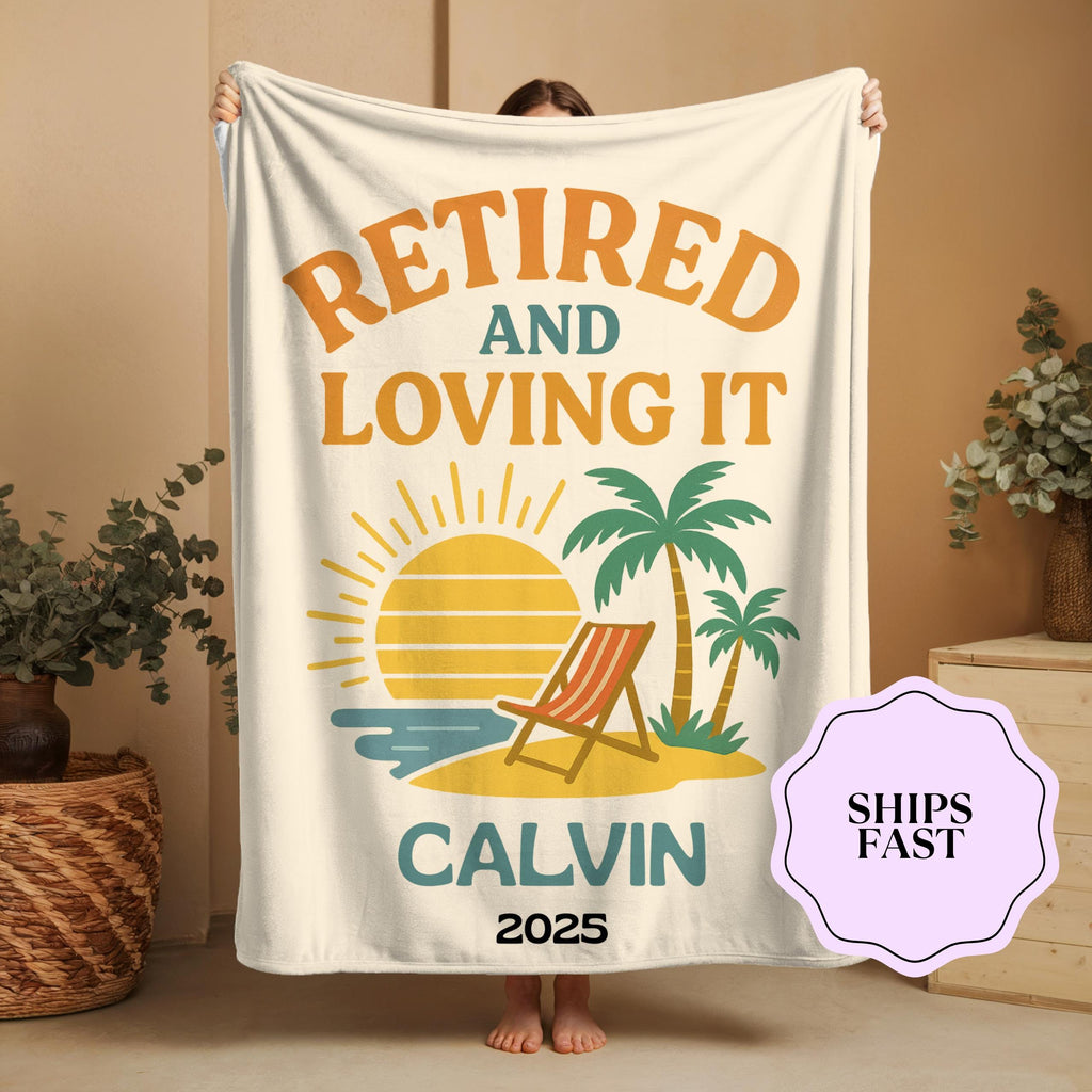 Personalized Retirement Blanket: Tropical Beach Sunset Throw - Custom Name & Year