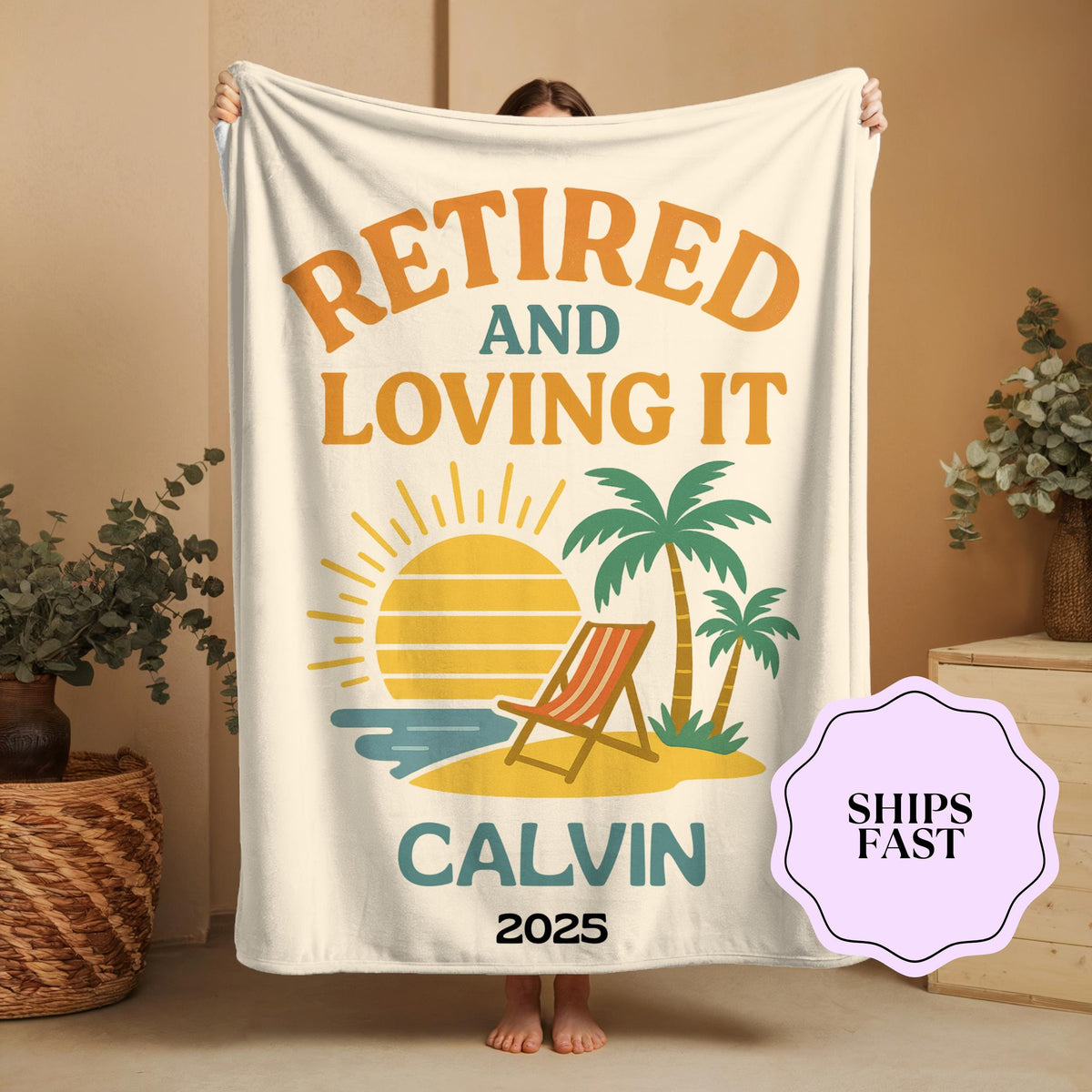 Personalized Retirement Blanket: Tropical Beach Sunset Throw - Custom Name & Year