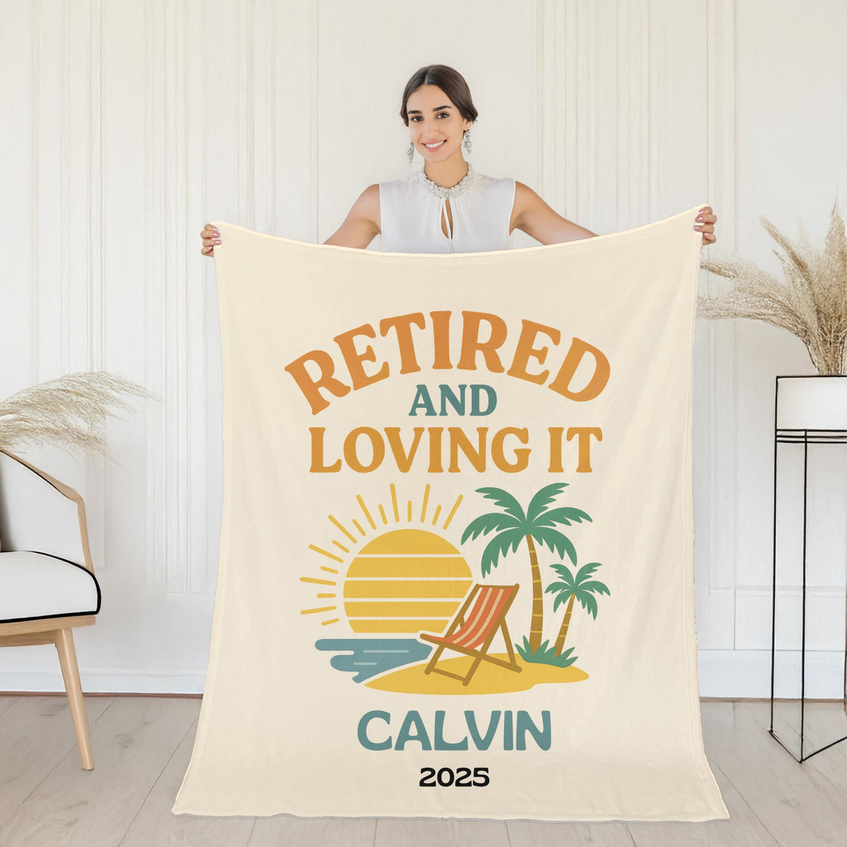 Personalized Retirement Blanket: Tropical Beach Sunset Throw - Custom Name & Year