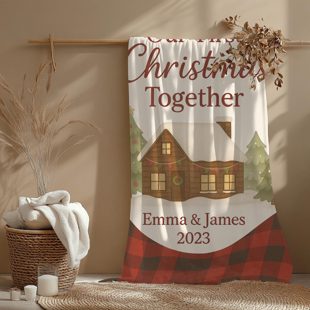 Personalized First Christmas Blanket: Cabin Holiday Throw, Newlywed Gift