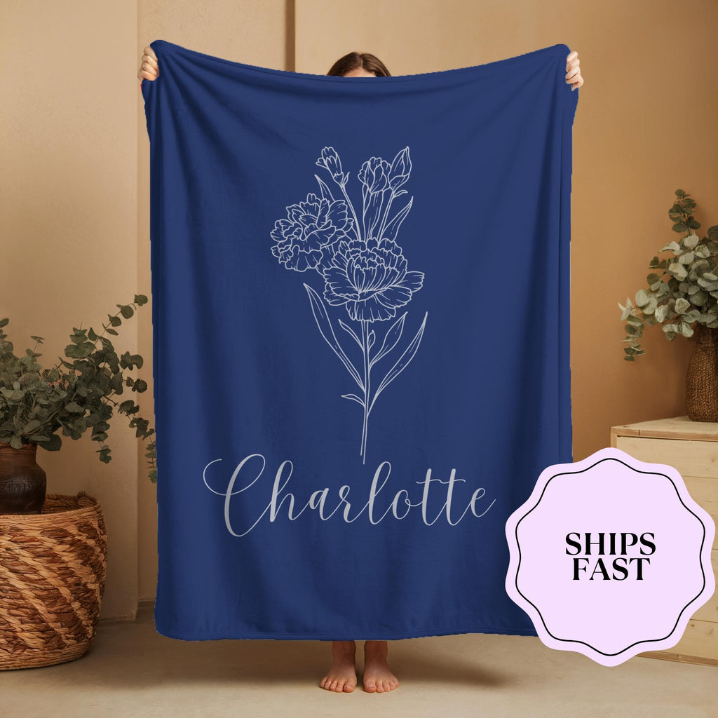 Personalized Carnation Birth Flower Blanket: Custom Name Floral Throw