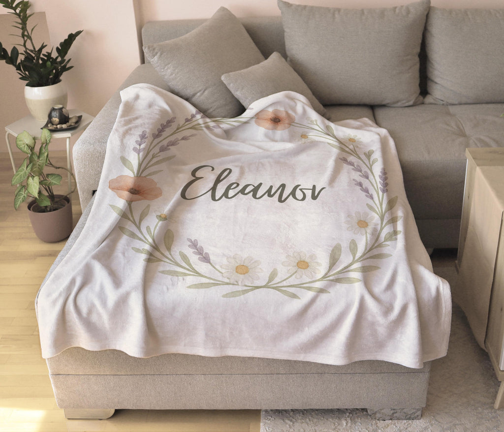 Personalized Baby Girl Blanket with Wildflower Wreath – Custom Name Floral Nursery Blanket