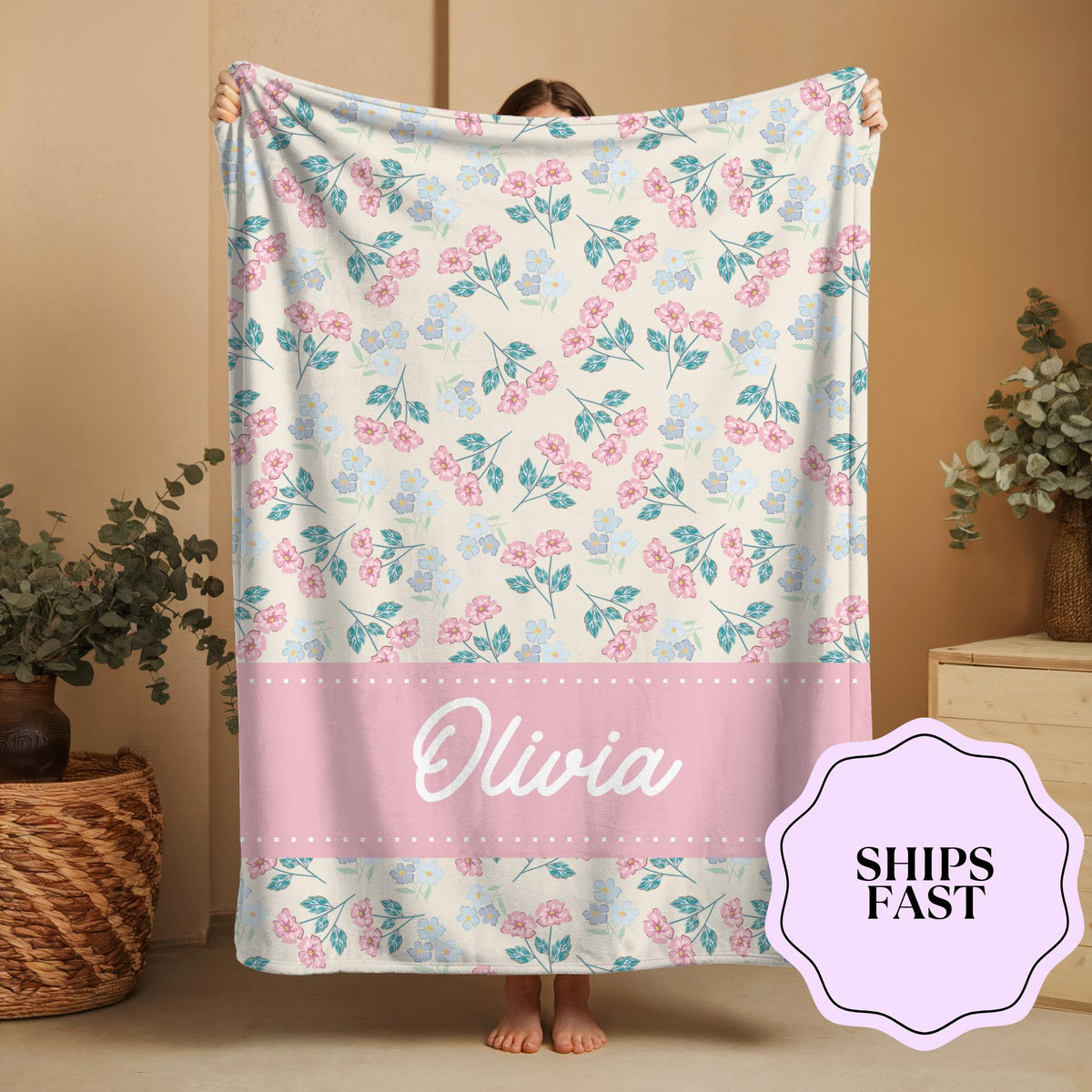Custom Name Blanket for Girls – Coquette Floral Throw with Pink Border, Cottagecore Baby Shower Gift, Personalized Blanket fo