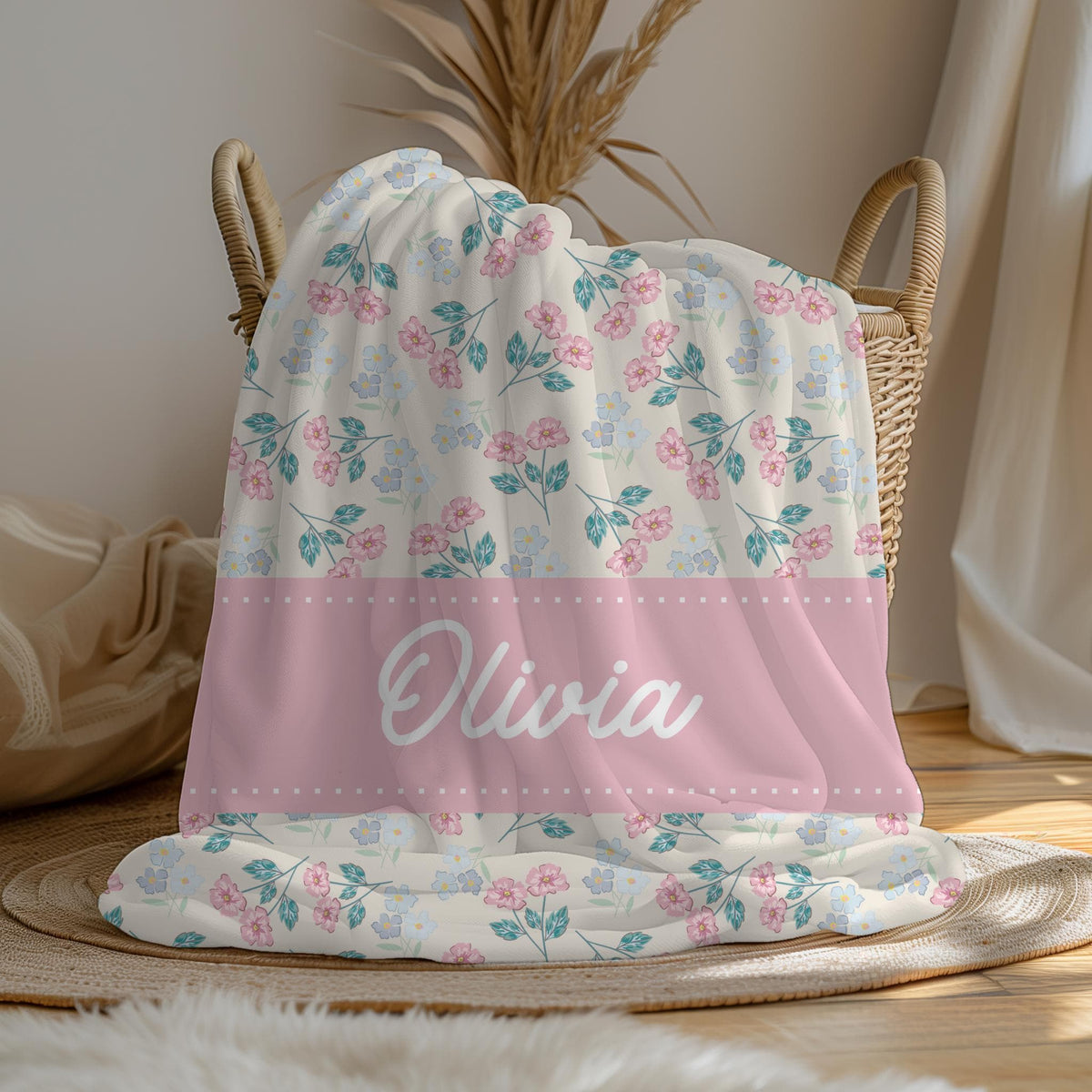Custom Name Blanket for Girls – Coquette Floral Throw with Pink Border, Cottagecore Baby Shower Gift, Personalized Blanket fo