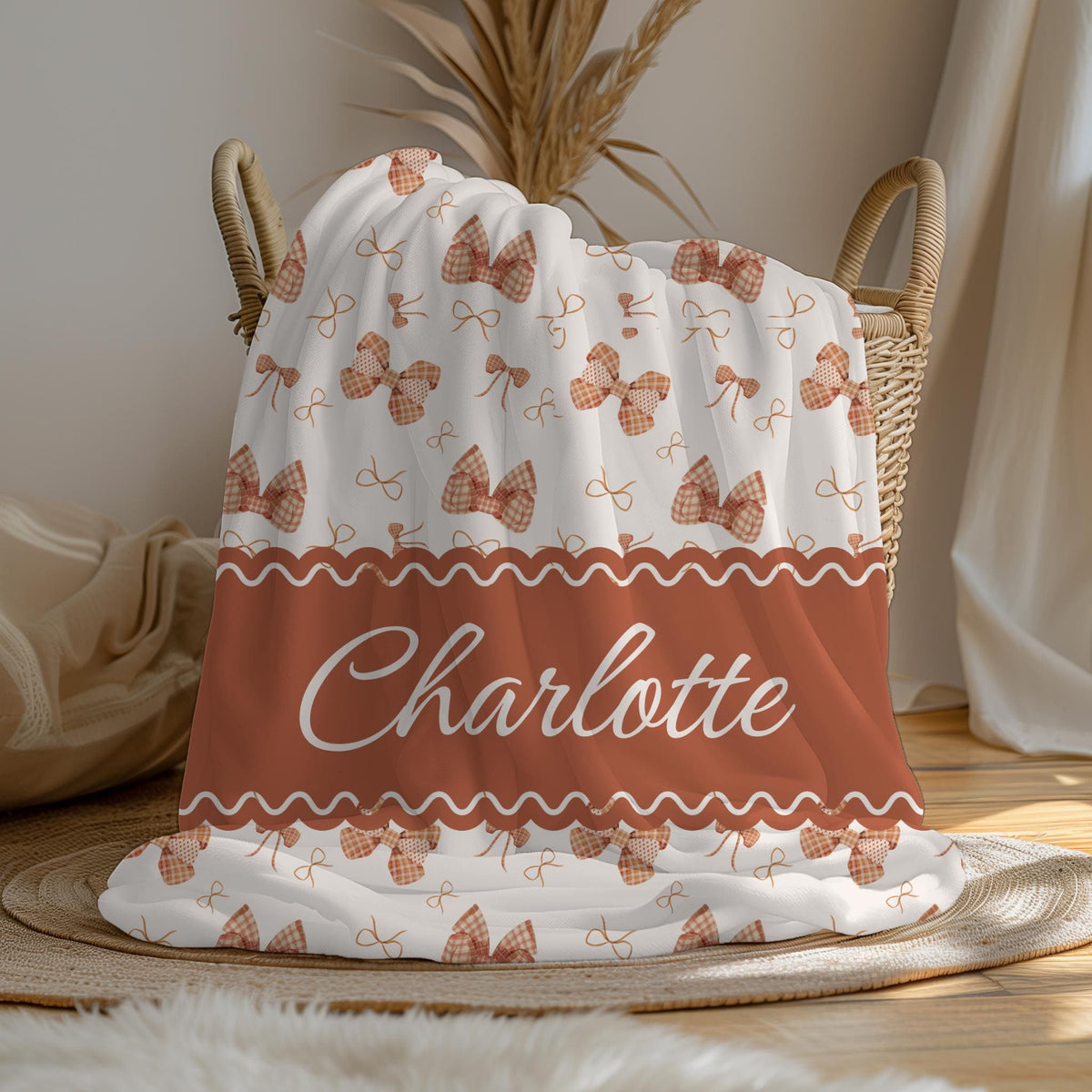 Personalized Baby Blanket: Rust Gingham Bows, Custom Name Fleece