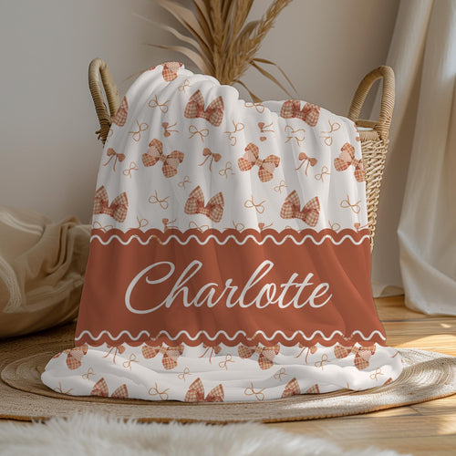 Personalized Baby Blanket: Rust Gingham Bows, Custom Name Fleece