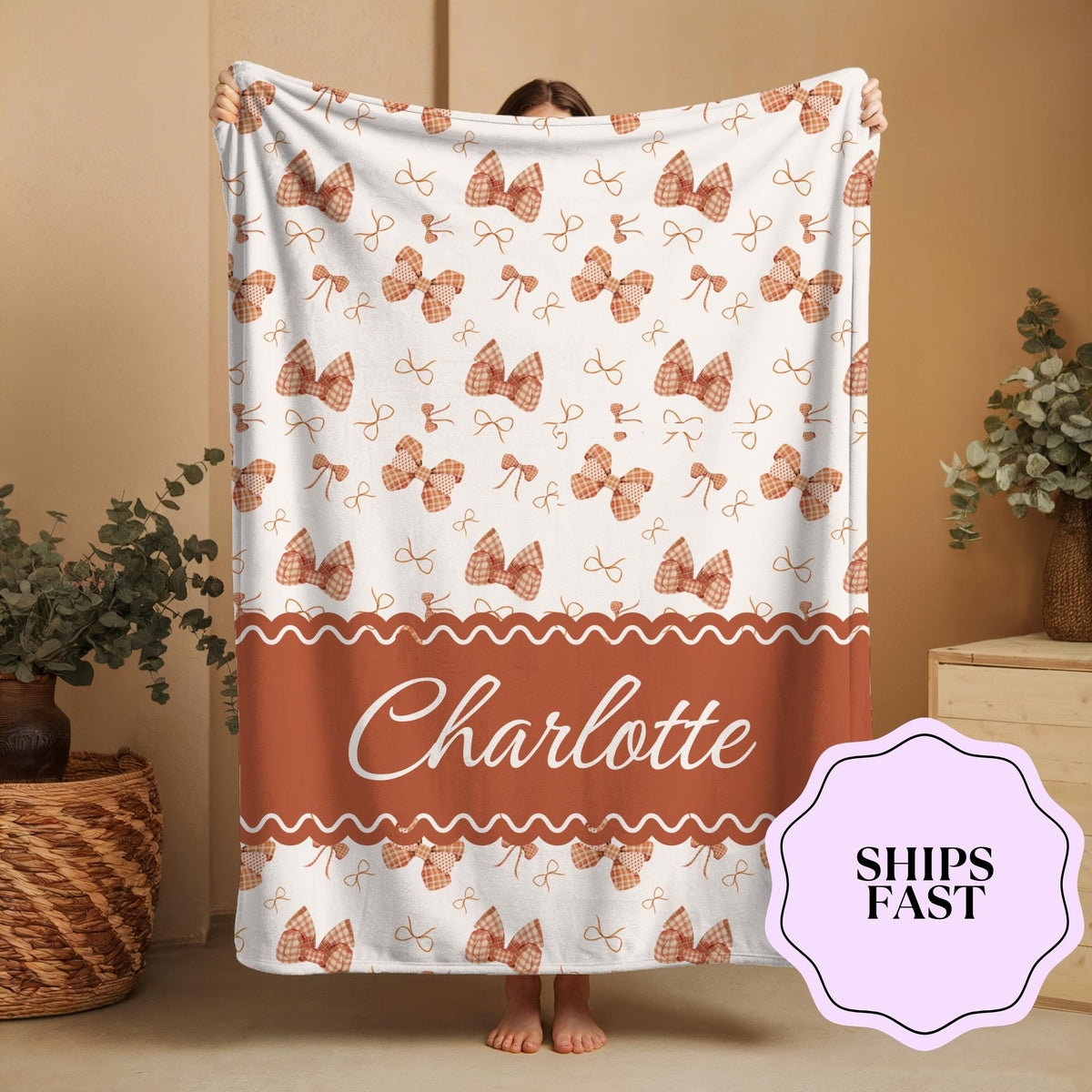 Personalized Baby Blanket: Rust Gingham Bows, Custom Name Fleece
