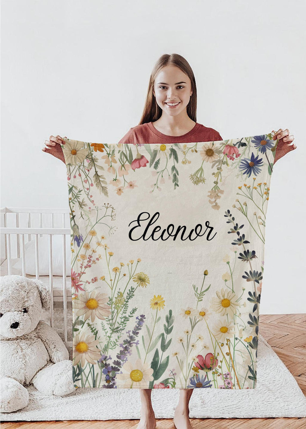 Personalized Wildflower Baby Blanket: Custom Name Floral Nursery Decor