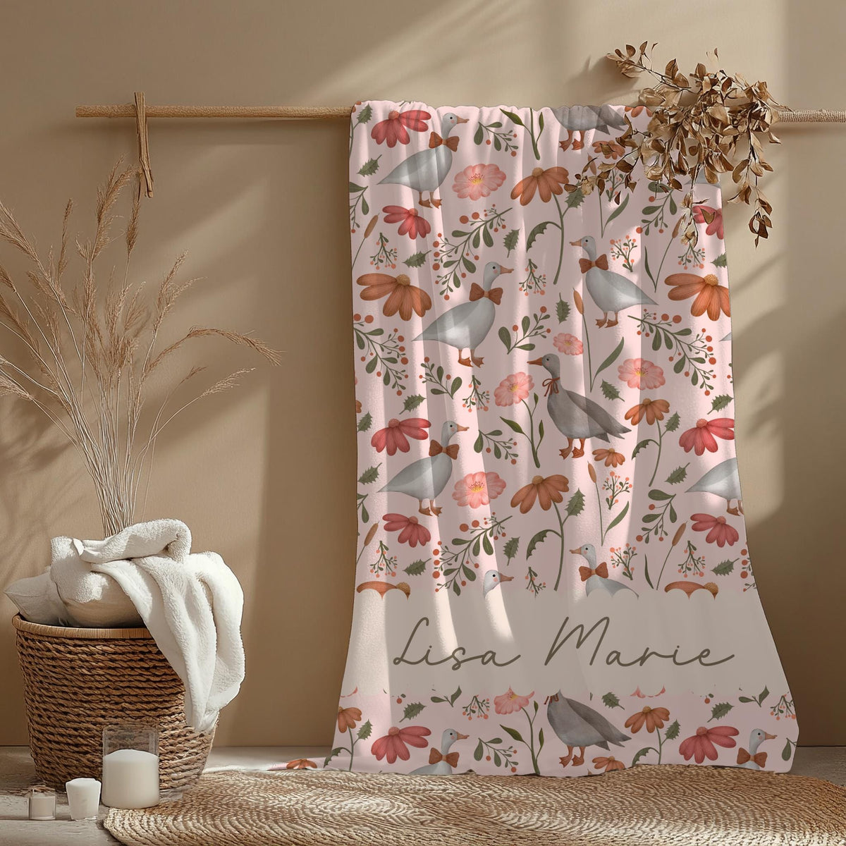 Personalized Goose Baby Blanket: Floral Cottagecore Nursery Throw