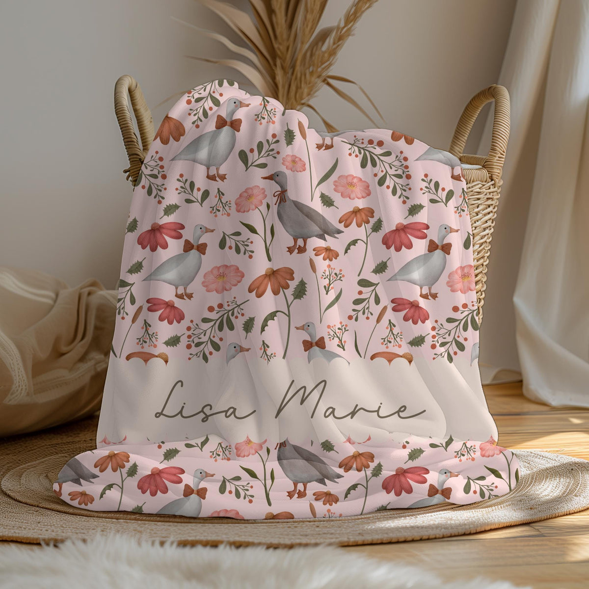 Personalized Goose Baby Blanket: Floral Cottagecore Nursery Throw