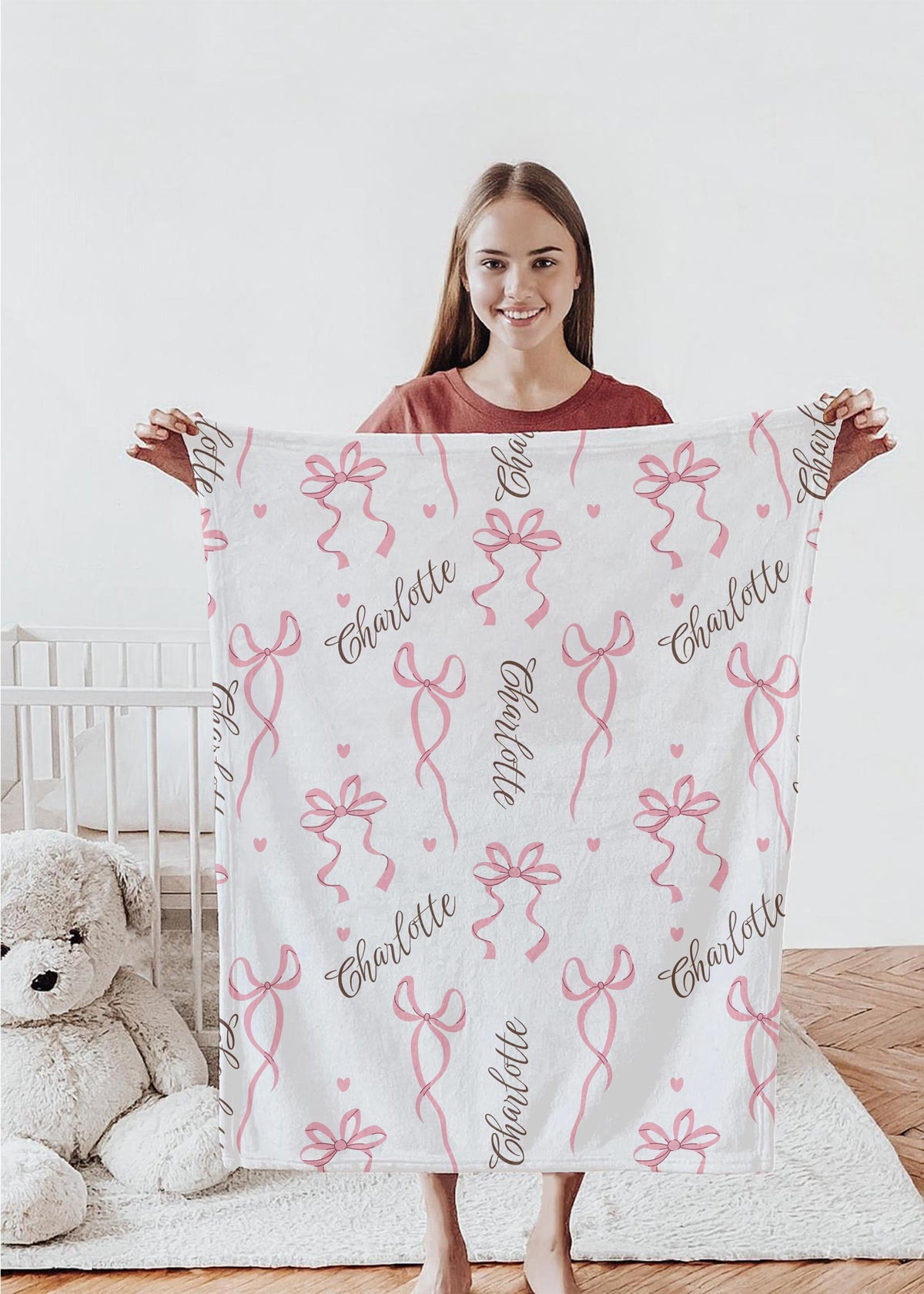 Coquette Pink Bow Personalized Blanket – Custom Name Soft Girl Throw