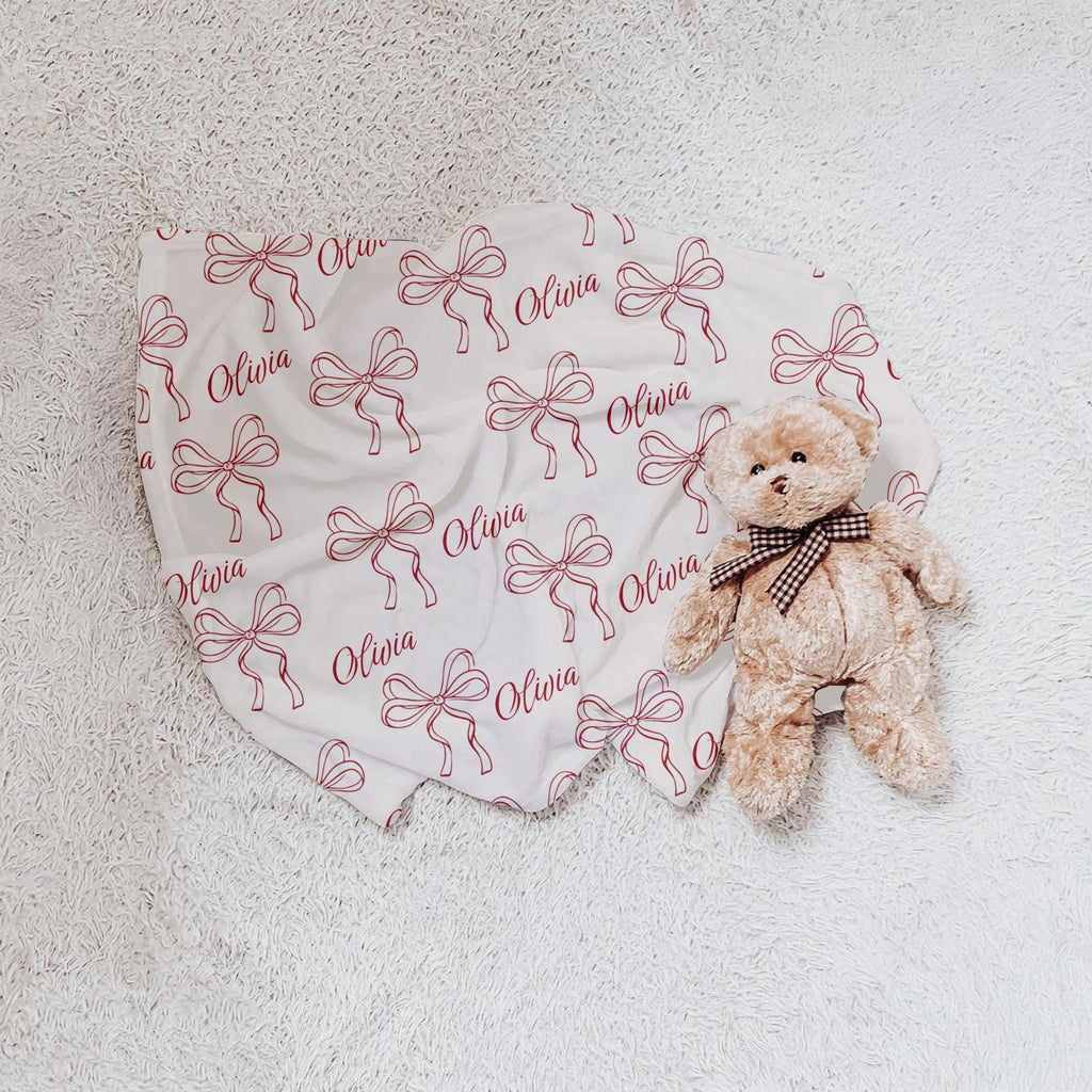 Personalized Baby Girl Blanket: Red Bow Coquette Nursery Decor