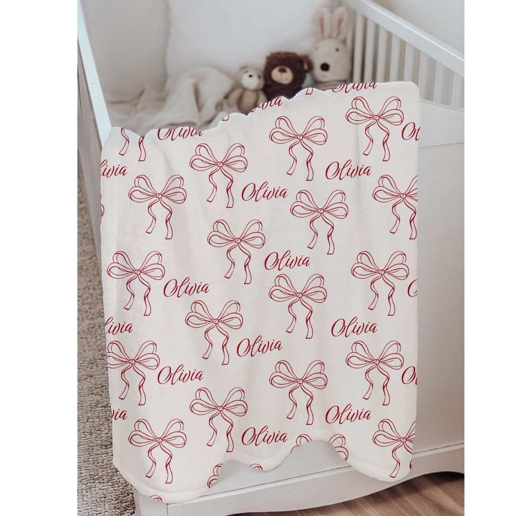 Personalized Baby Girl Blanket: Red Bow Coquette Nursery Decor