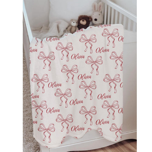 Personalized Baby Girl Blanket: Red Bow Coquette Nursery Decor