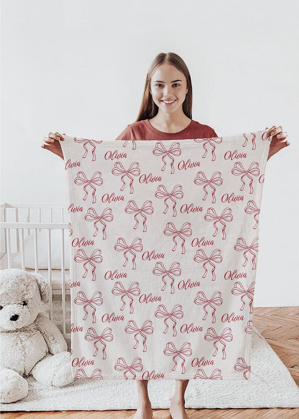 Personalized Baby Girl Blanket: Red Bow Coquette Nursery Decor