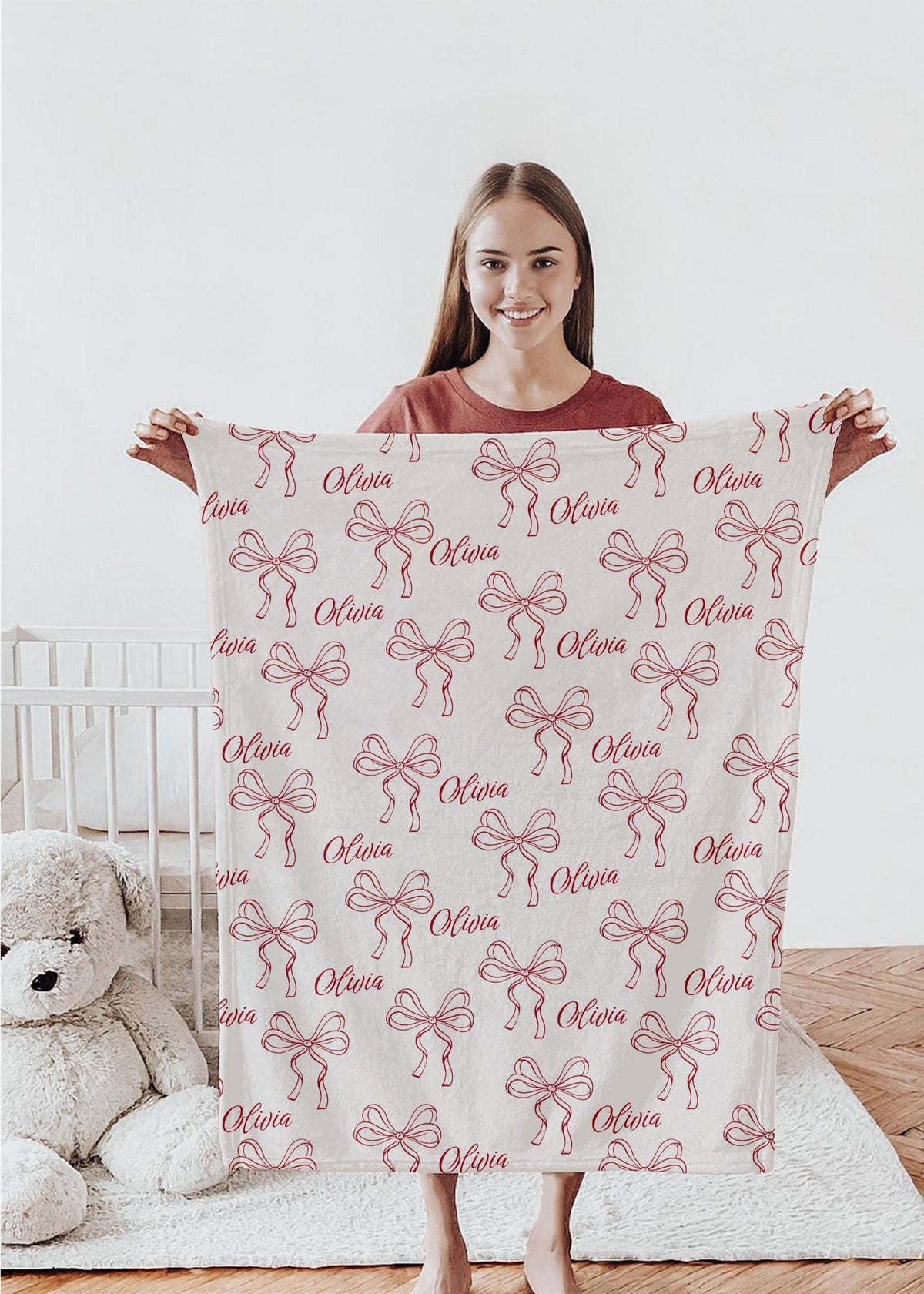 Personalized Baby Girl Blanket: Red Bow Coquette Nursery Decor