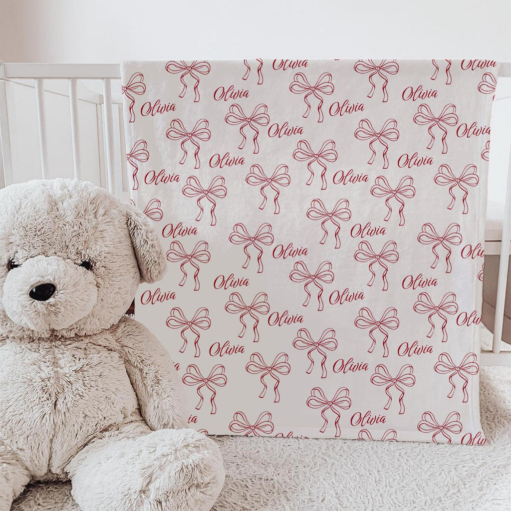 Personalized Baby Girl Blanket: Red Bow Coquette Nursery Decor
