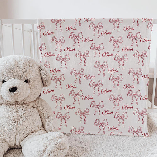Personalized Baby Girl Blanket: Red Bow Coquette Nursery Decor