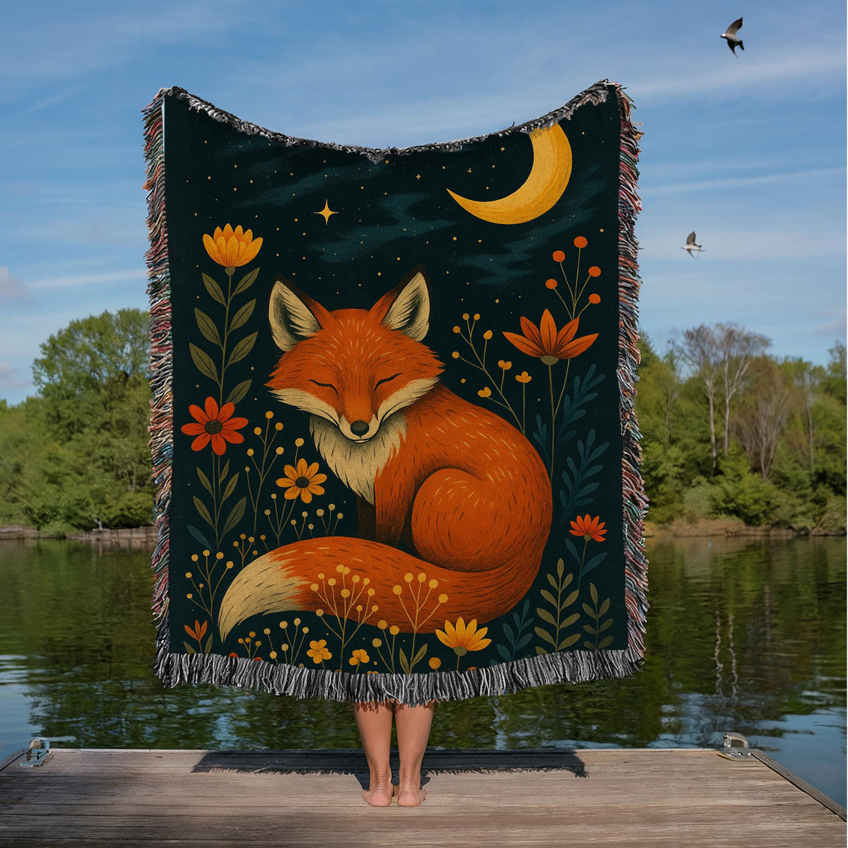 Enchanted Fox Forest Blanket – Cozy Woven Throw with Moon & Wildflowers, Boho Woodland Animal Gift