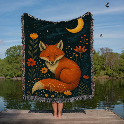 Enchanted Fox Forest Blanket – Cozy Woven Throw with Moon & Wildflowers, Boho Woodland Animal Gift