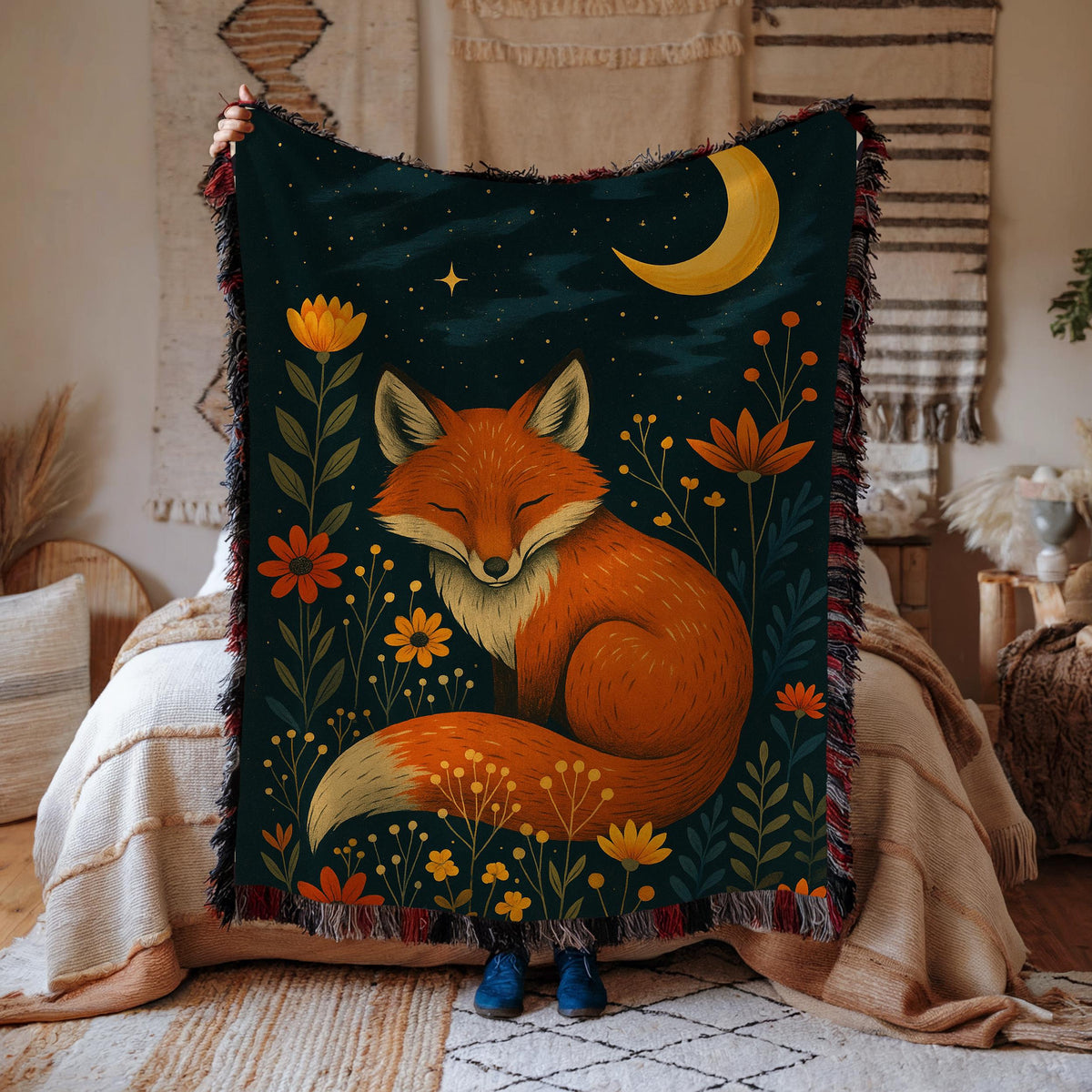 Enchanted Fox Forest Blanket – Cozy Woven Throw with Moon & Wildflowers, Boho Woodland Animal Gift