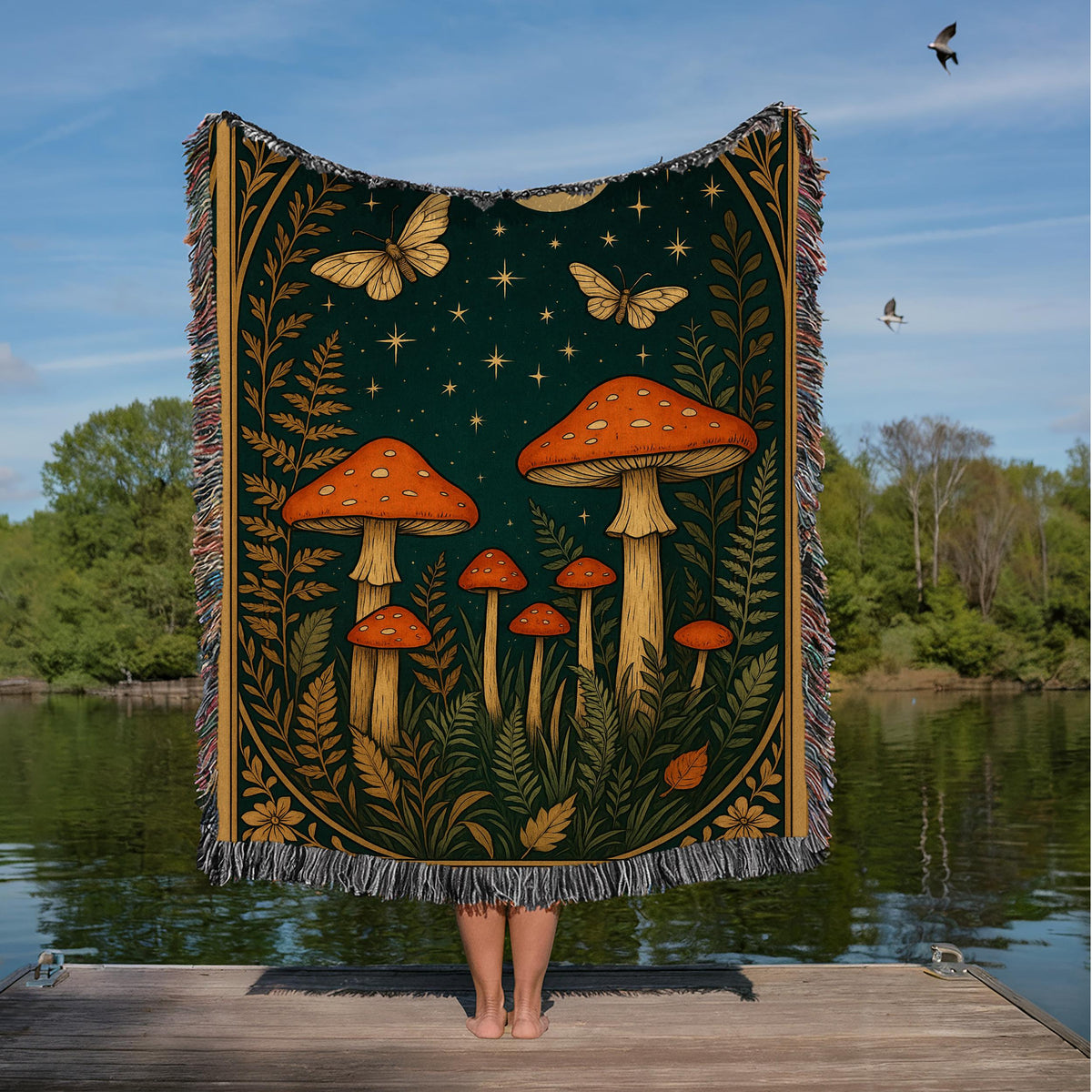 Enchanted Fox Forest Blanket – Cozy Woven Throw with Moon & Wildflowers, Boho Woodland Animal Gift