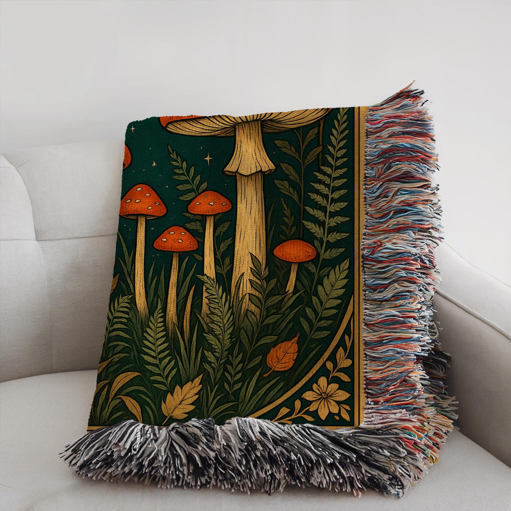 Enchanted Fox Forest Blanket – Cozy Woven Throw with Moon & Wildflowers, Boho Woodland Animal Gift
