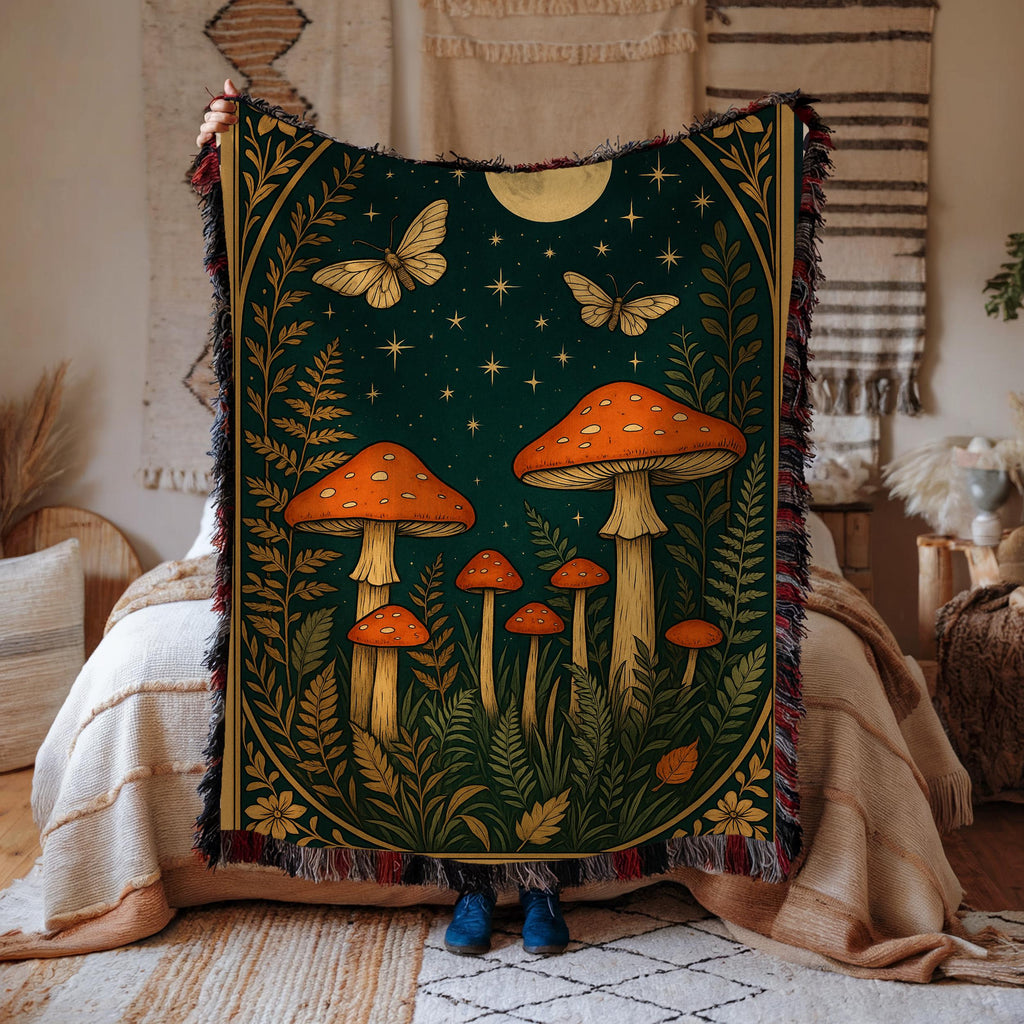 Enchanted Fox Forest Blanket – Cozy Woven Throw with Moon & Wildflowers, Boho Woodland Animal Gift