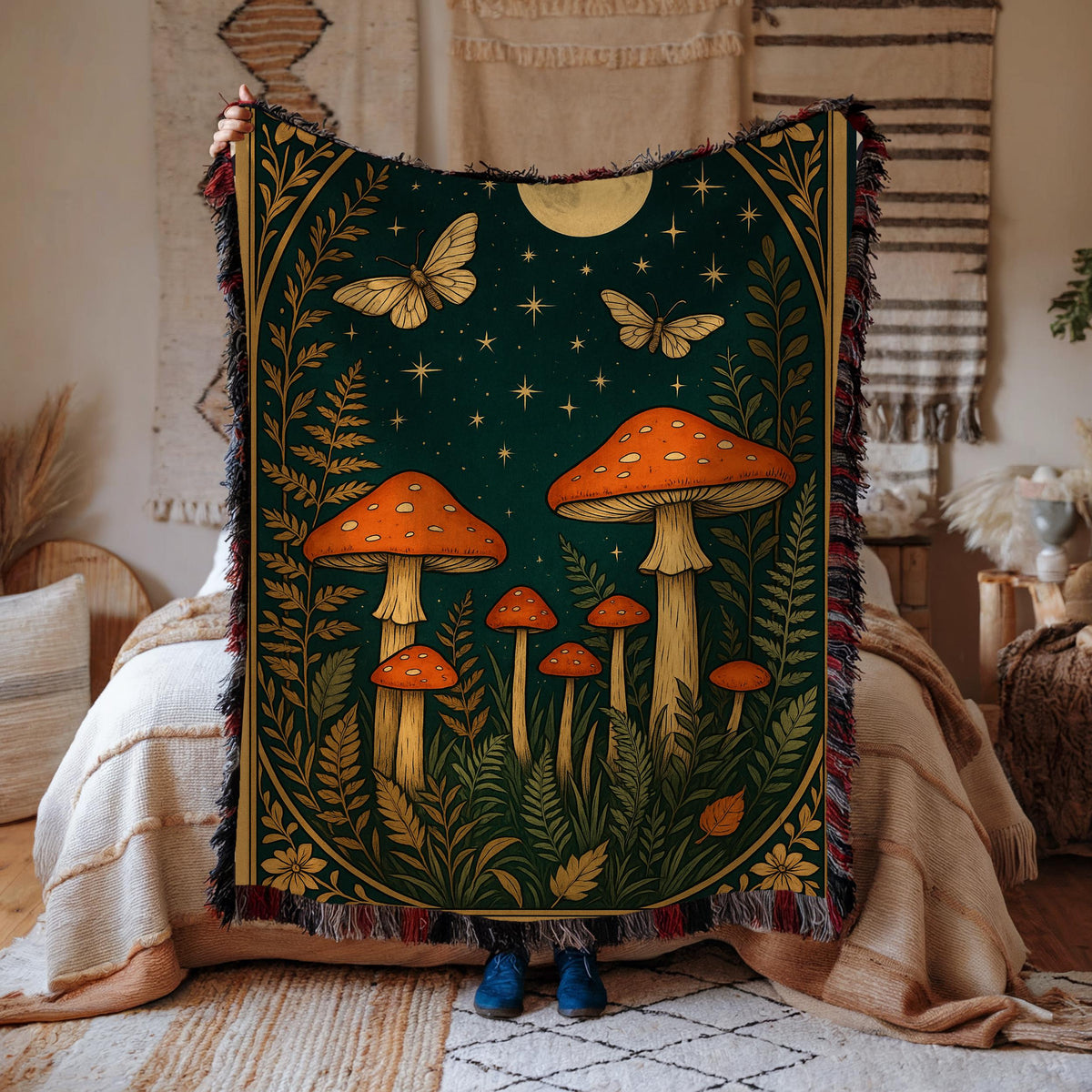 Enchanted Fox Forest Blanket – Cozy Woven Throw with Moon & Wildflowers, Boho Woodland Animal Gift