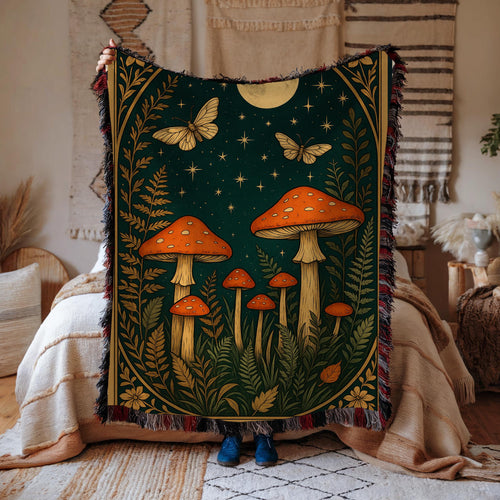 Enchanted Fox Forest Blanket – Cozy Woven Throw with Moon & Wildflowers, Boho Woodland Animal Gift