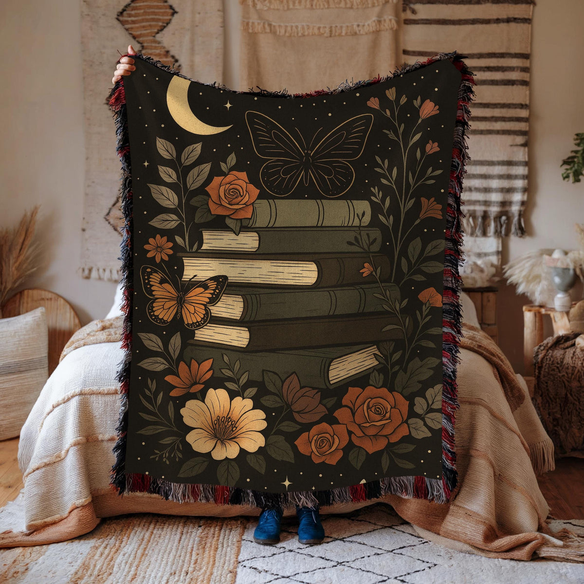 Dark Academia Book Blanket: Woven Cotton Throw with Butterfly & Moon