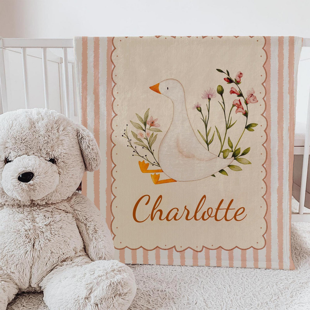 Vintage Pink Goose Baby Blanket: Personalized Cottagecore Nursery Decor