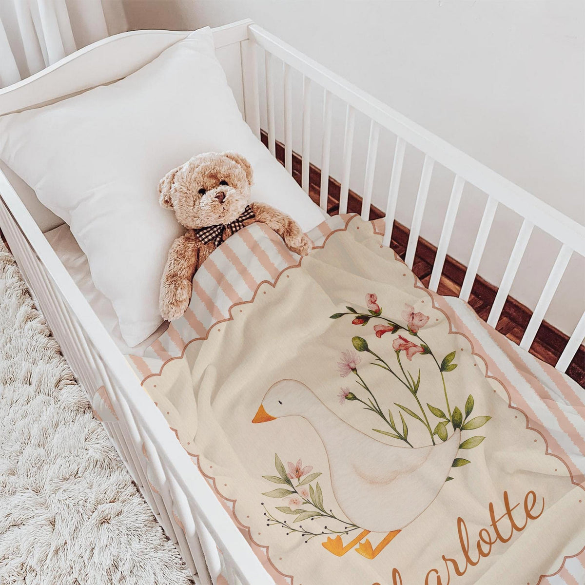 Vintage Pink Goose Baby Blanket: Personalized Cottagecore Nursery Decor
