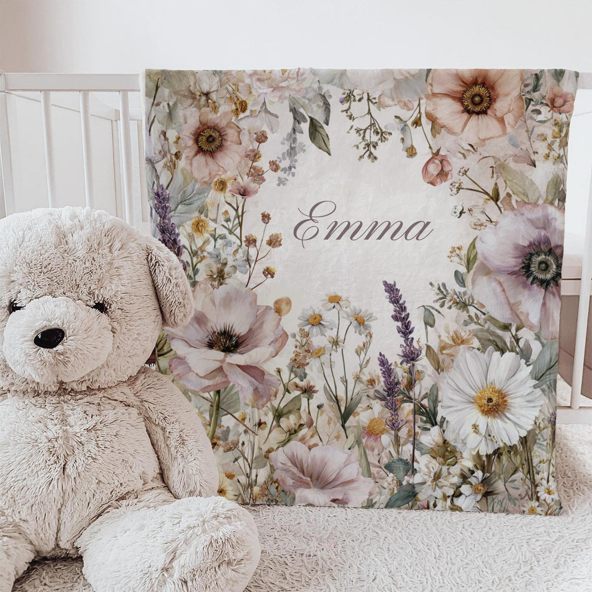 Personalized Floral Baby Blanket: Watercolor Garden Flowers, Custom Name