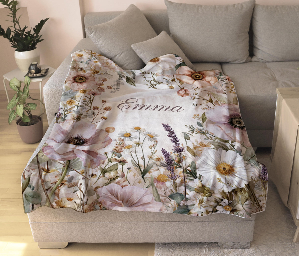Personalized Floral Throw Blanket: Wildflower Cottagecore Decor, Custom Name Gift