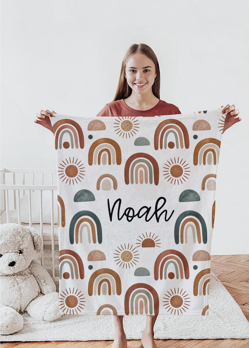 Personalized Boho Rainbow Baby Blanket: Soft Plush Fleece, Custom Name