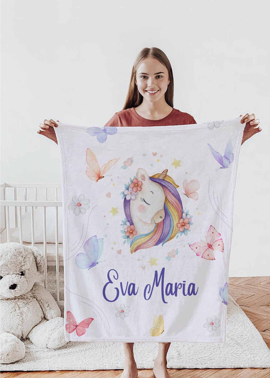 Personalized Unicorn Blanket: Rainbow Name Blanket, Girls Birthday Gift