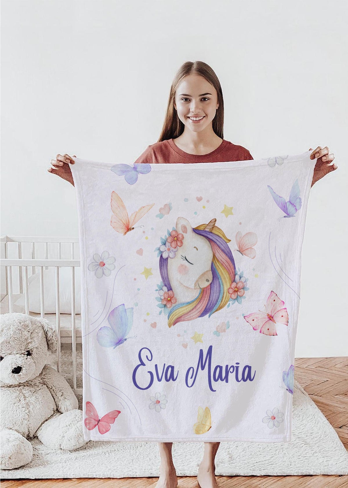 Personalized Unicorn Blanket: Rainbow Name Blanket, Girls Birthday Gift