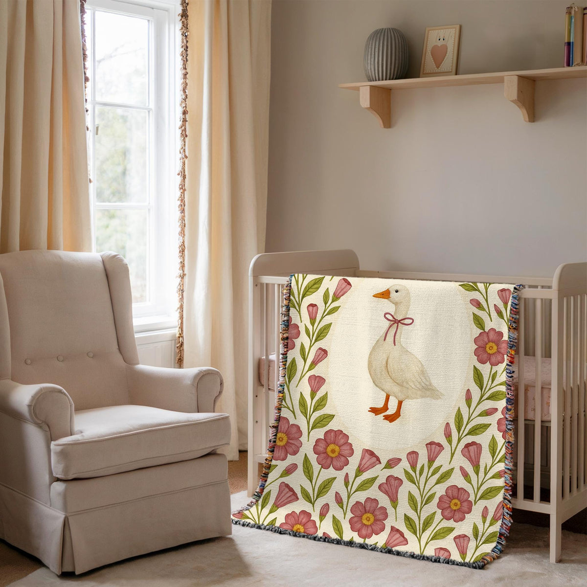 Cottagecore Goose Baby Blanket: Floral Woven Nursery Throw