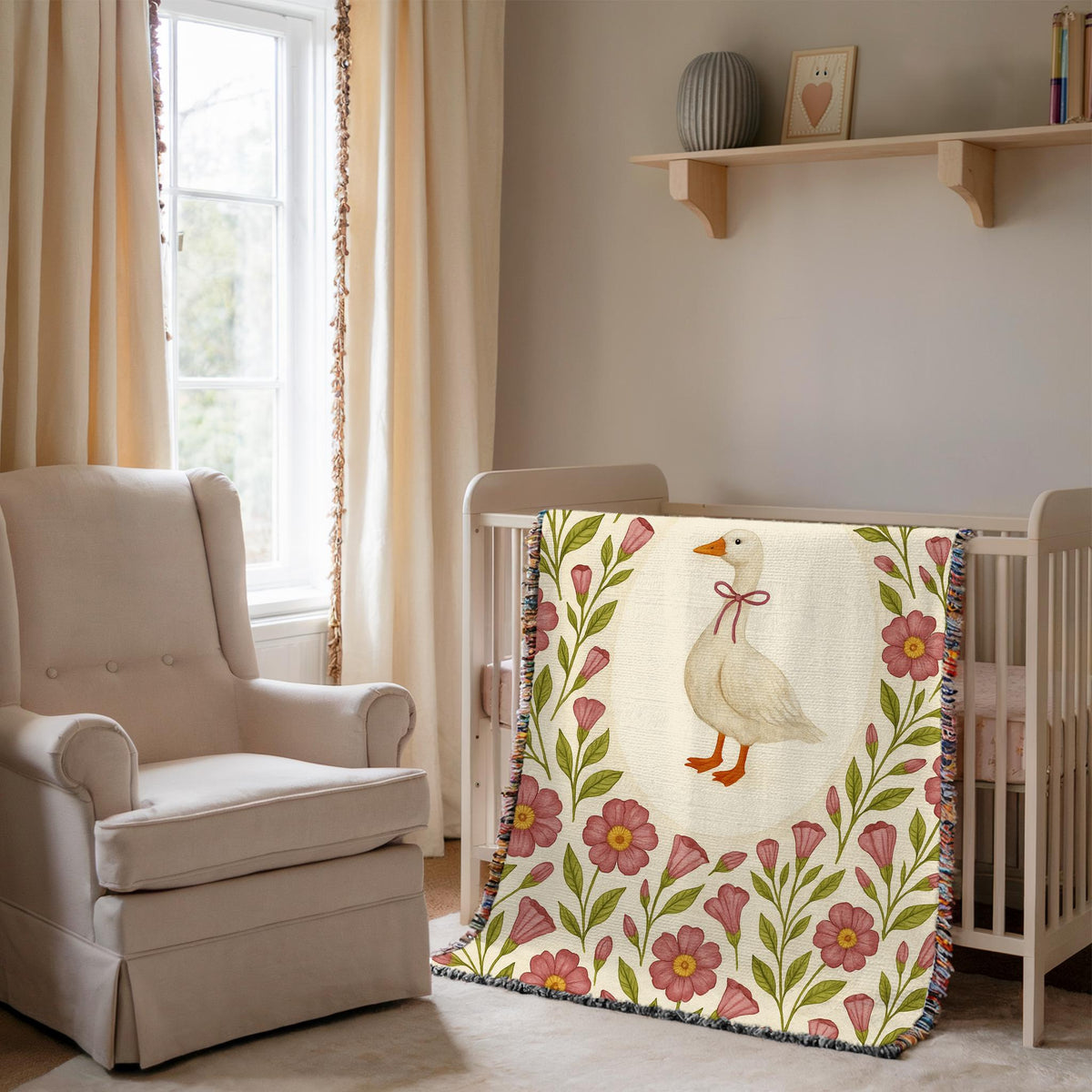 Cottagecore Goose Baby Blanket: Floral Woven Nursery Throw