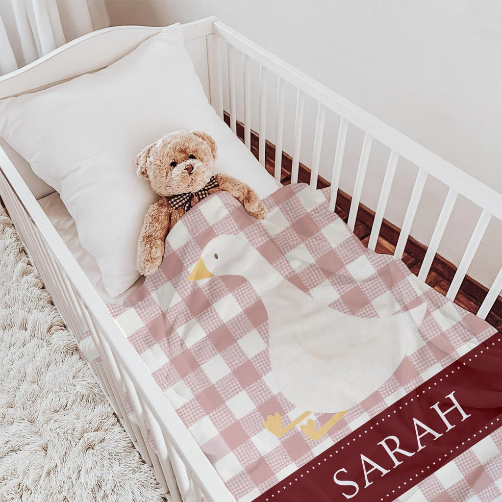 Personalized Goose Baby Blanket: Gingham Nursery Decor, Custom Name