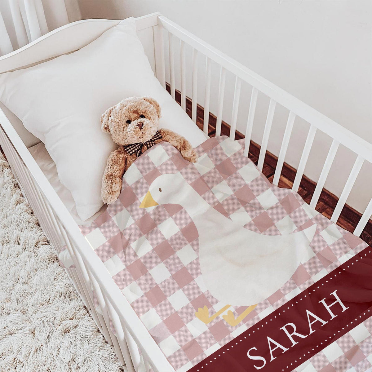 Personalized Goose Baby Blanket: Gingham Nursery Decor, Custom Name