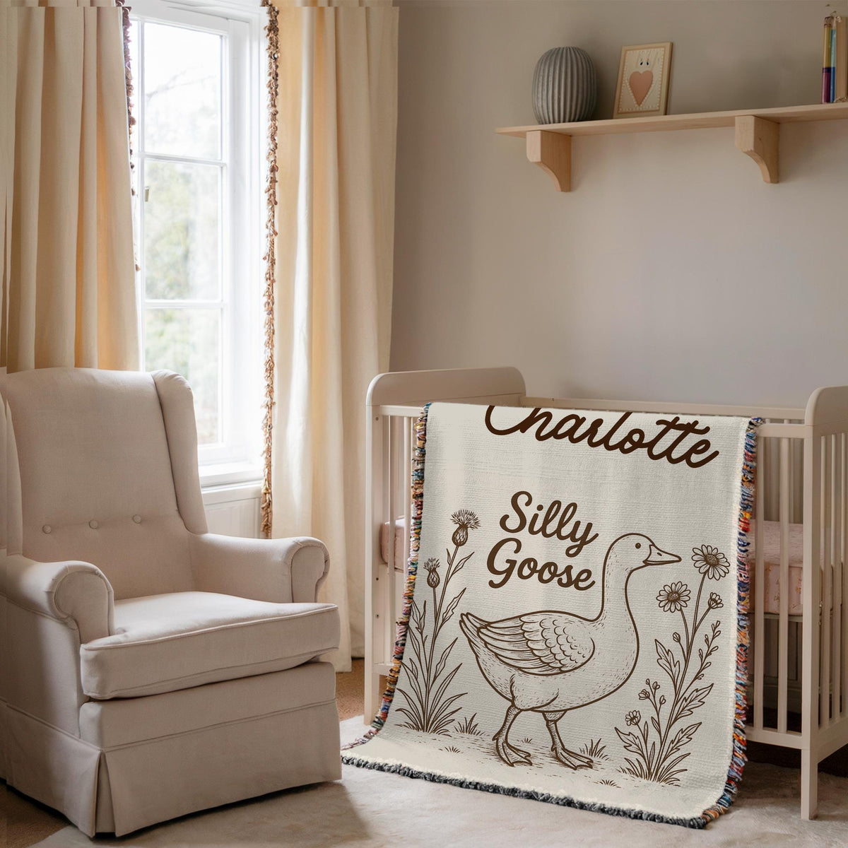 Personalized Goose Baby Blanket: Woven Cotton Crib Blanket, Cottagecore Nursery