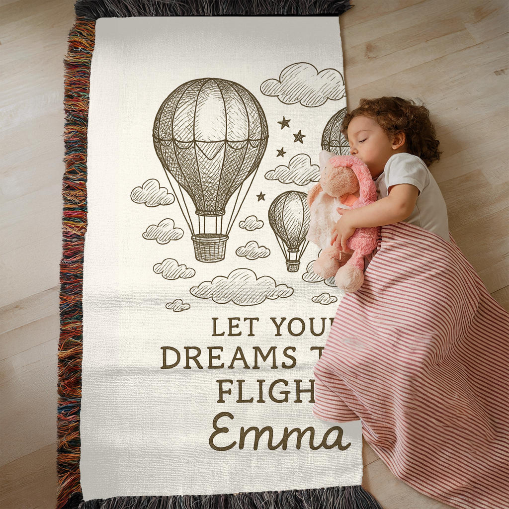 Personalized Hot Air Balloon Baby Blanket: Custom Name Woven Nursery Throw