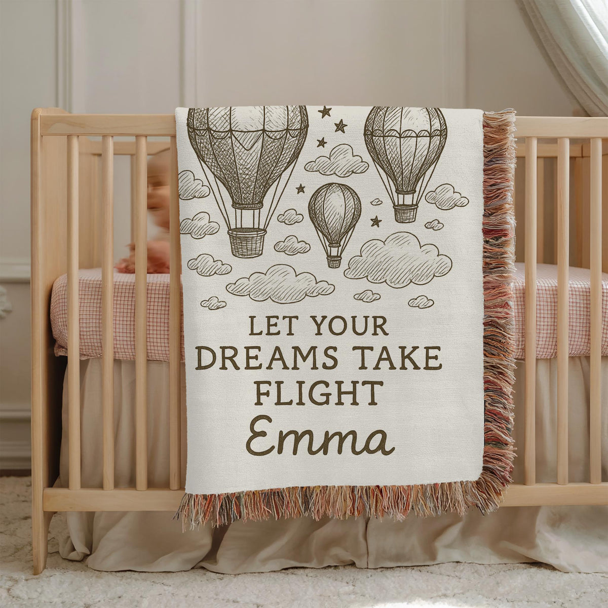 Personalized Hot Air Balloon Baby Blanket: Custom Name Woven Nursery Throw