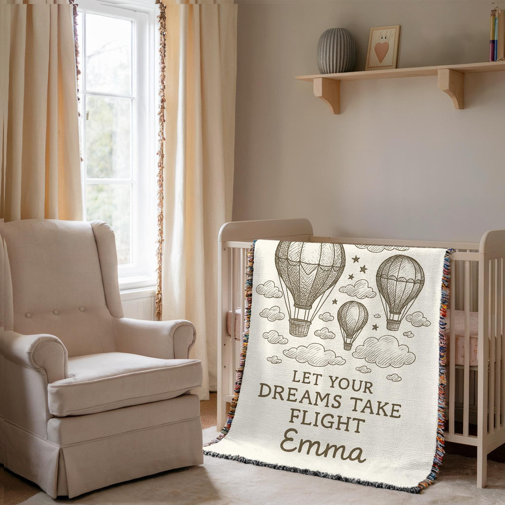 Personalized Hot Air Balloon Baby Blanket: Custom Name Woven Nursery Throw
