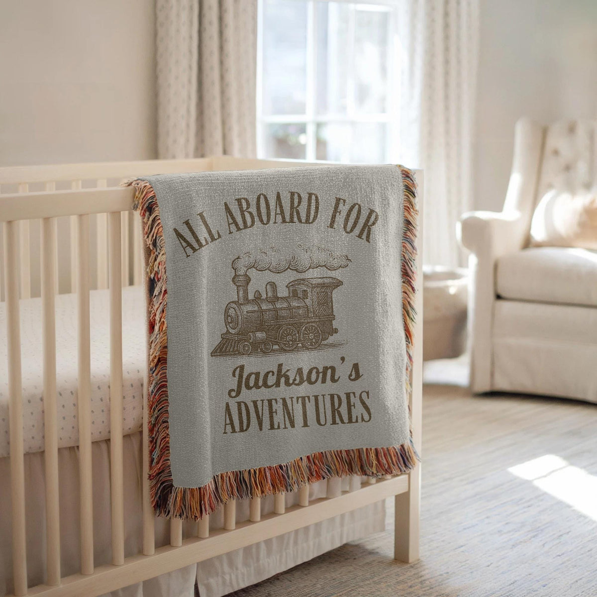 Personalized Vintage Train Baby Blanket: Woven Cotton Nursery Decor